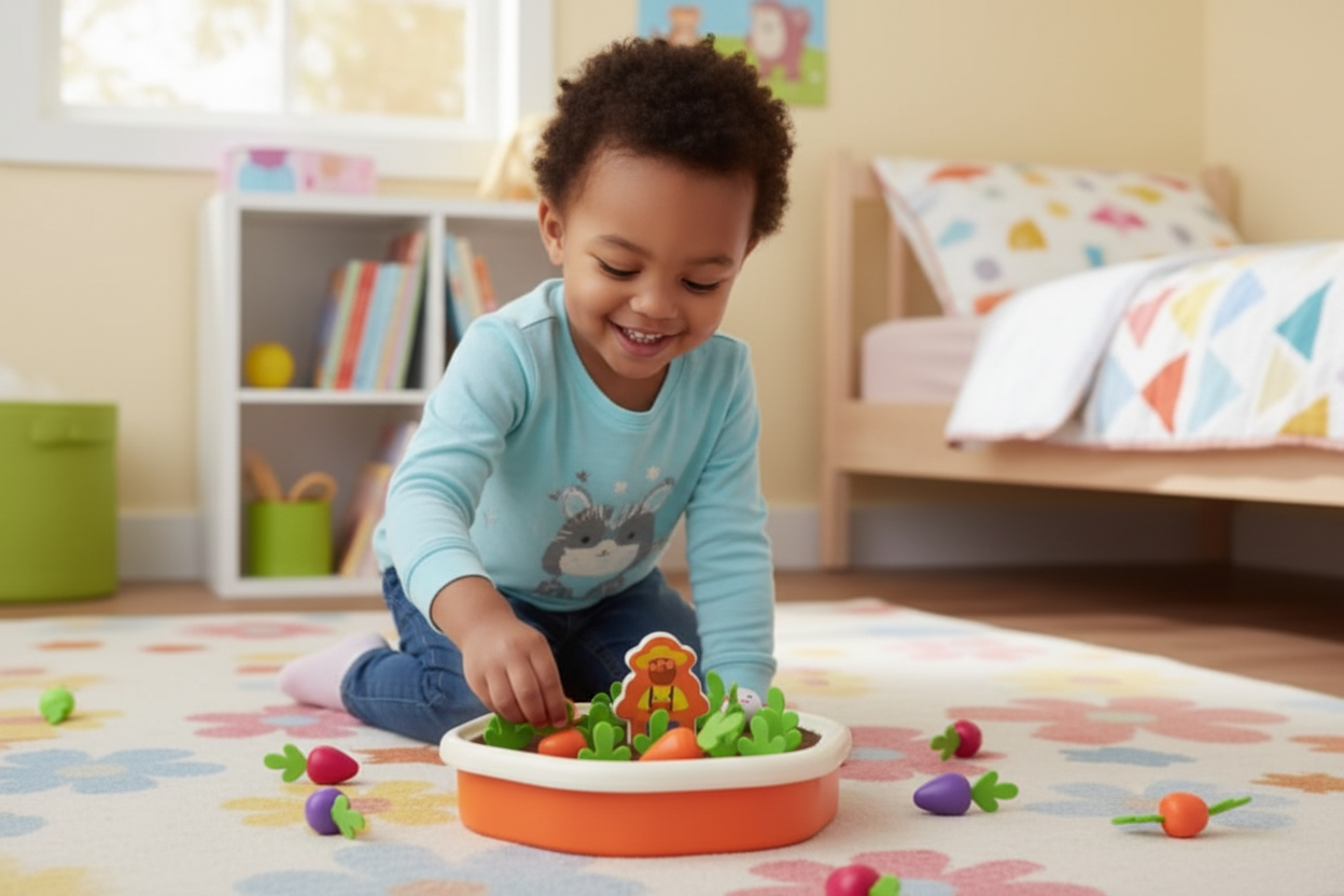 Enfant jouant avec le plateau rotatif singe et légumes