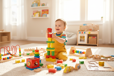 Enfant de 2 ans jouant avec des blocs de construction éducatifs colorés