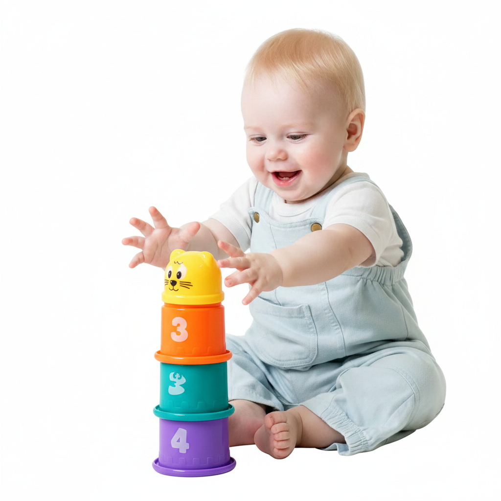 Bébé attrapant une tour de gobelets gigognes