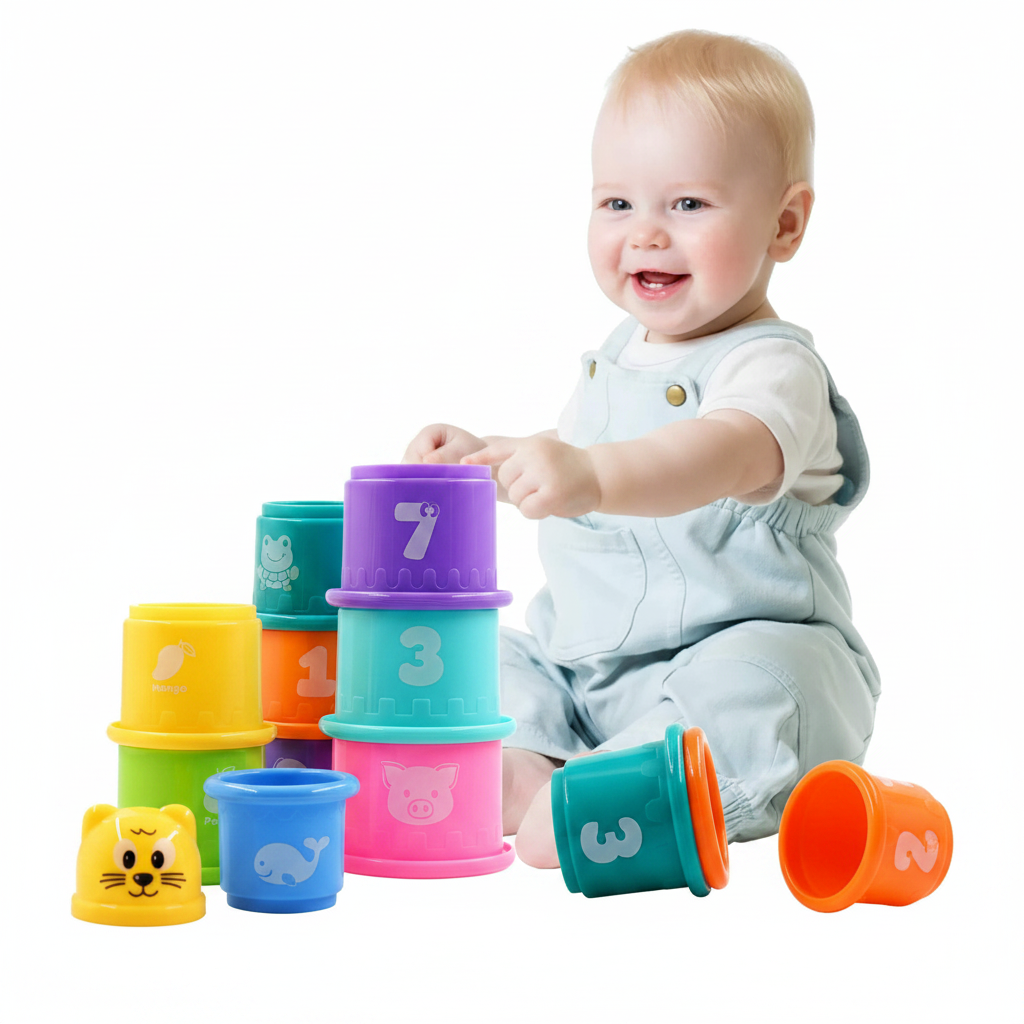 Bébé empilant des gobelets gigognes colorés