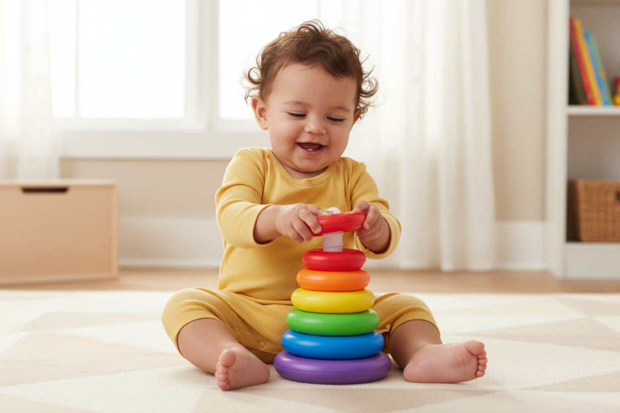 Bébé empilant les anneaux colorés