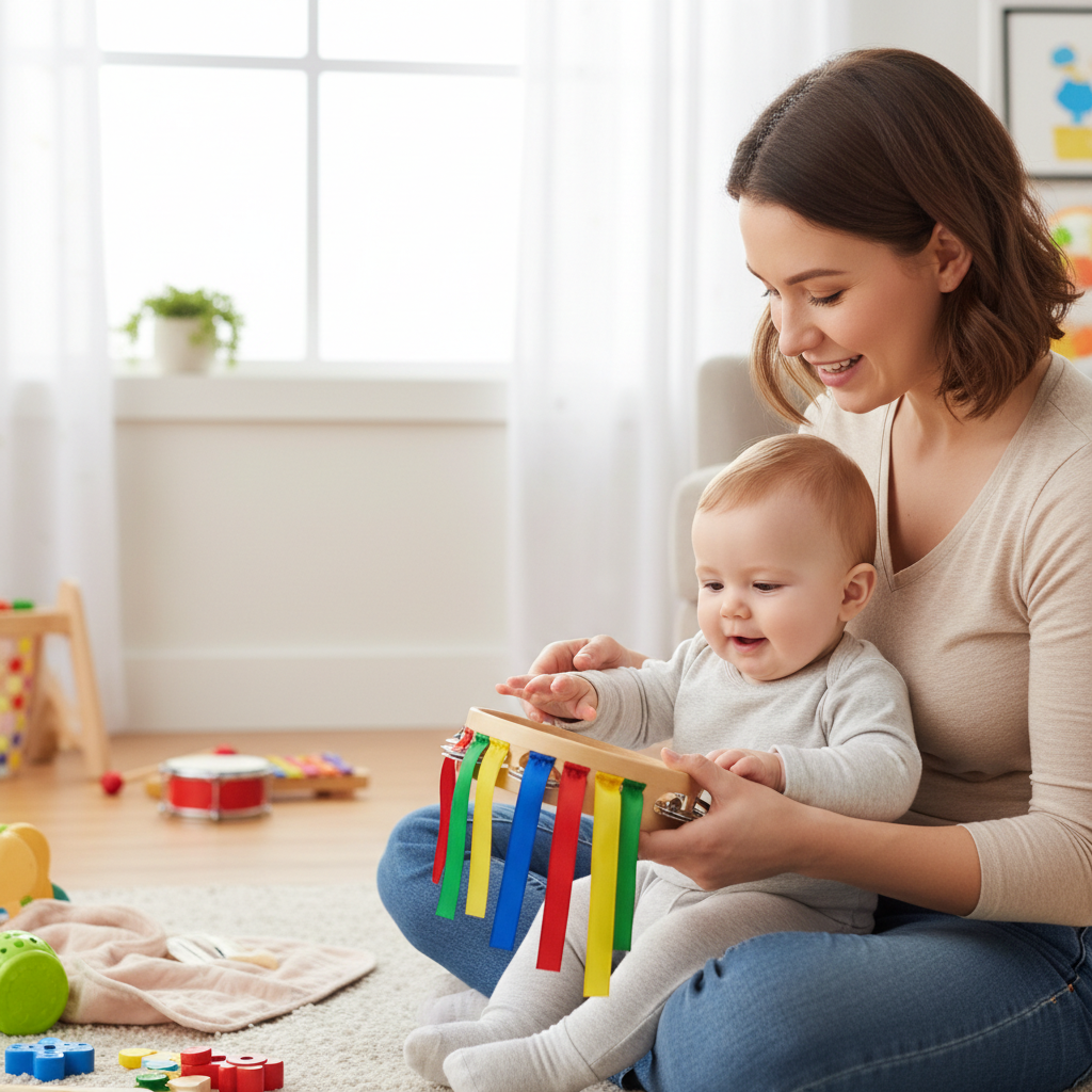 Bébé et maman jouant au tambourin ensemble