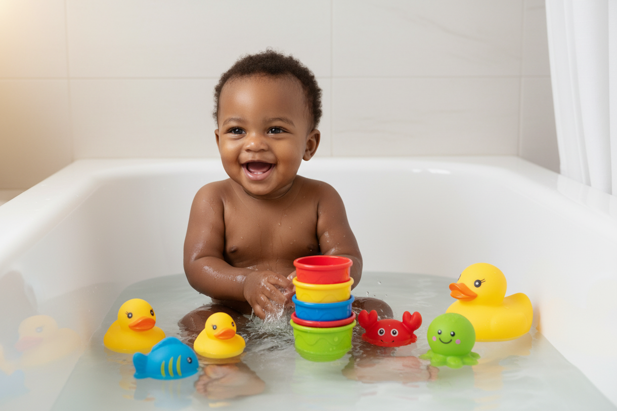 Bébé noir jouant avec les jouets de bain colorés