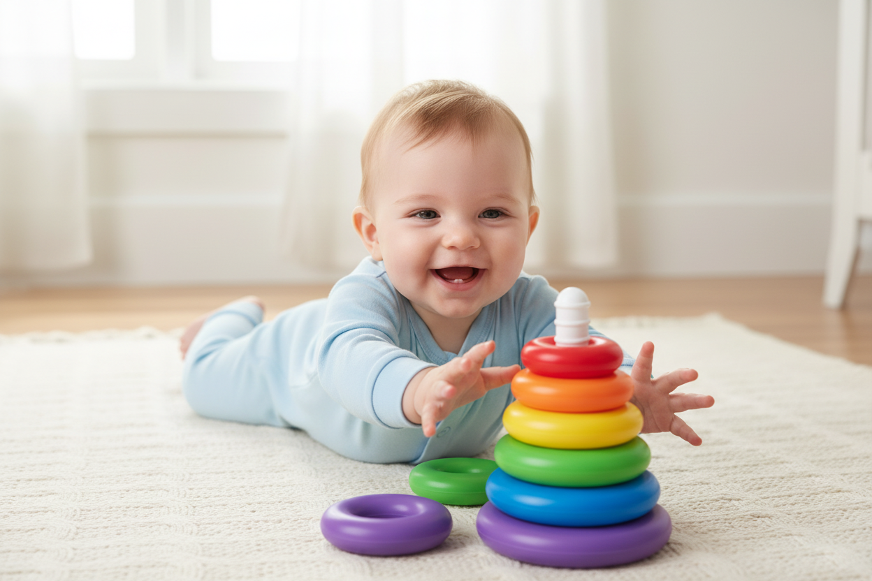 Bébé sur le ventre atteignant le jouet