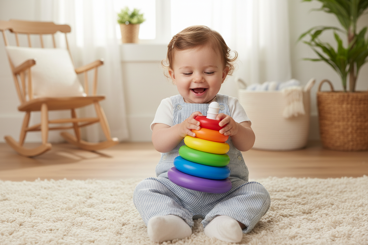 Bébé tenant la tour d'anneaux empilés avec fierté
