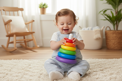 Bébé tenant la tour d'anneaux empilés avec fierté