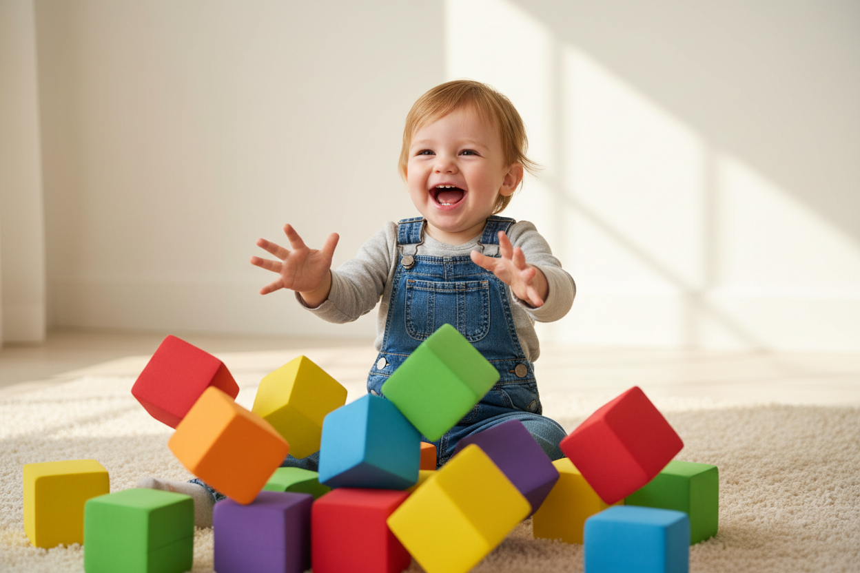 Bambin riant avec des blocs en mousse EVA