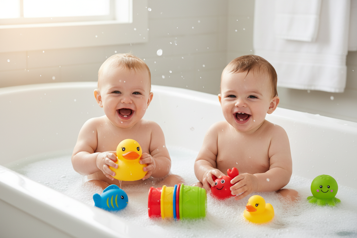 Deux bébés jouant avec les jouets de bain colorés