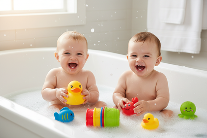 Deux bébés jouant avec les jouets de bain colorés