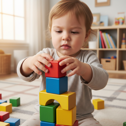 Enfant développant coordination et cause à effet avec cubes empilables