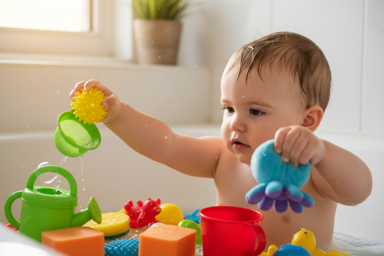 Enfant développant sa motricité avec des jouets de bain
