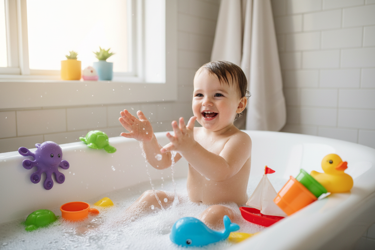 Enfant jouant avec des jouets de bain