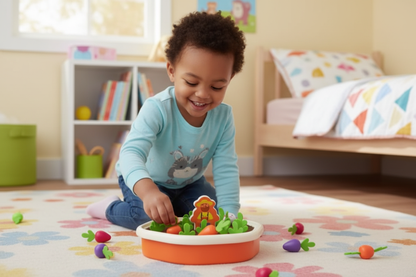 Enfant jouant avec le plateau rotatif singe et légumes