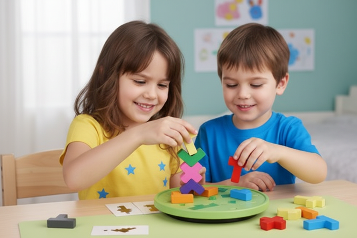 Fille et garçon jouant avec le jeu d'adresse tetrominos