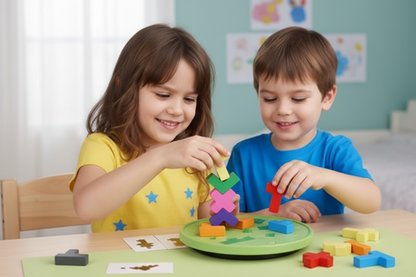 Fille et garçon jouant avec le jeu d'adresse tetrominos