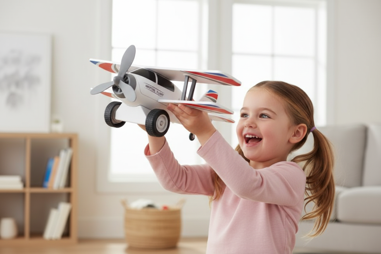 Fille jouant avec l'avion jouet AventurAir