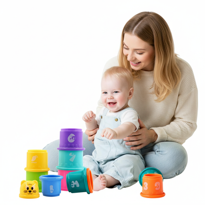 Maman et bébé jouant avec des gobelets gigognes