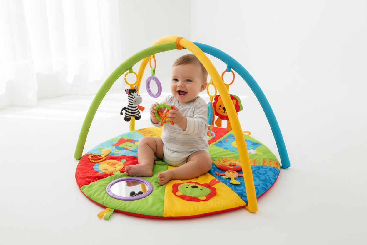 Tapis d'éveil bébé assis jouant avec hochet