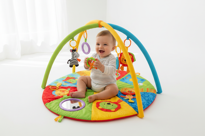 Tapis d'éveil bébé assis jouant avec hochet